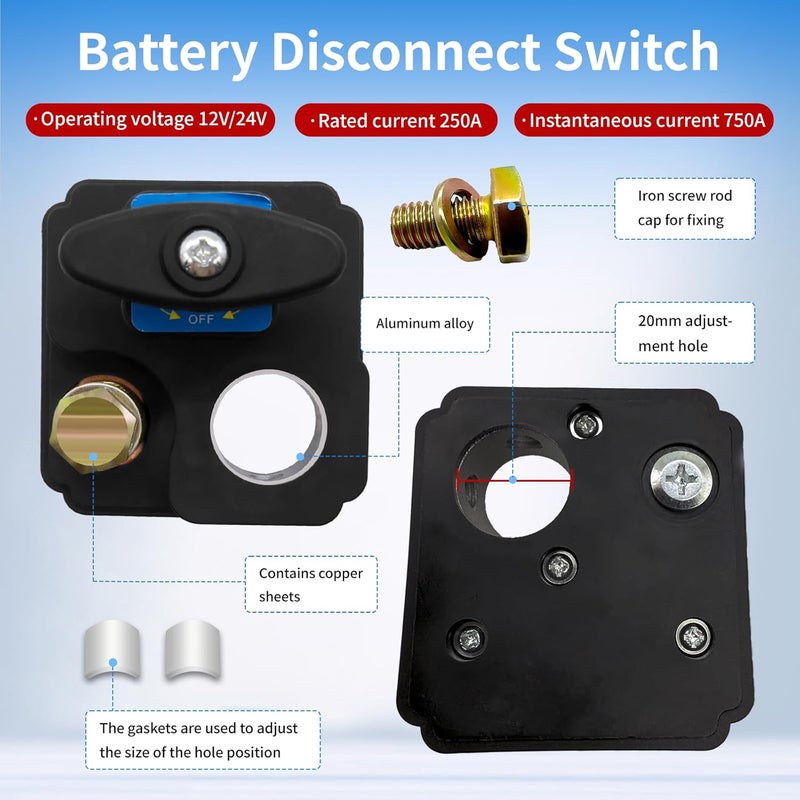 ZmingTek Car Battery Disconnect Switch 12v 24v Heavy Duty Battery Kill Switch Battery Isolator Power Cut Off Switches Battery Shut Off for Preventing Battery Drain of RV Truck Marine Boat (1pc Square) - Image 3